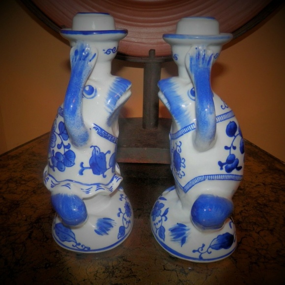 2 TALL BLUE & WHITE CANDLE STICK HOLDERS ~ 9 inch~ - Picture 3 of 4